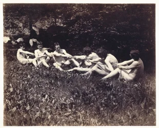 Mannlige nakne modeller i tautrekking sittende, ca. 1883